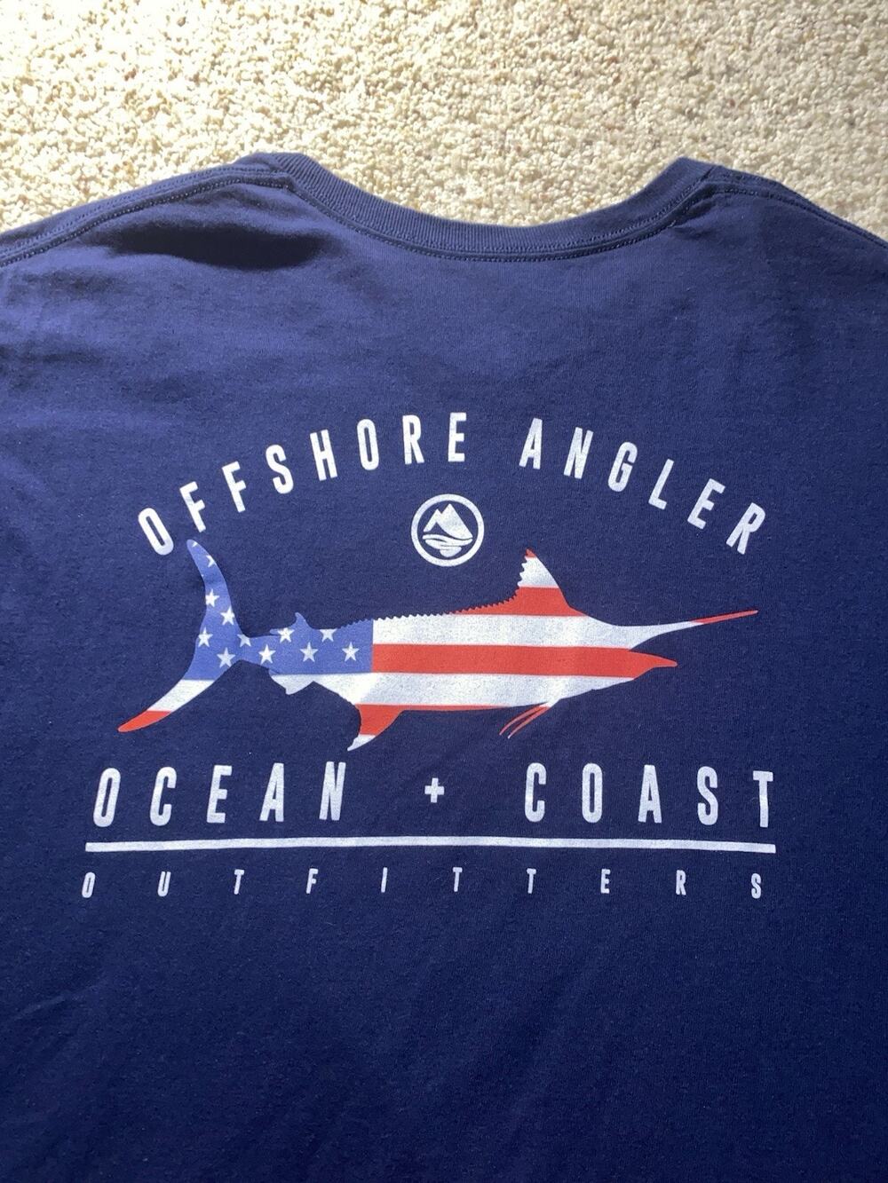 Ocean Coast Offshore Angler Mens XL Marlin American Flag Navy Tee Shirt